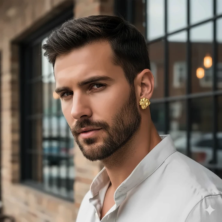 Image of the secure screw-back closure and post mechanism on the back of the men's gold earring for safe wearing.