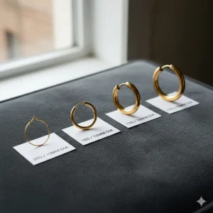 Visual size guide for gold earrings for men, comparing different gauges and diameters.