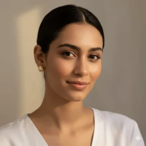 Frontal view of the model wearing the attractive, small 10k gold nugget stud earrings for a timeless look.