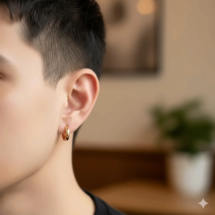 Small gold hoop earrings for men, showing a thick, polished design suitable for a subtle, minimalist style.