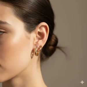Earring stacking idea featuring the main 10 karat gold hoop earrings paired with a simple gold stud.