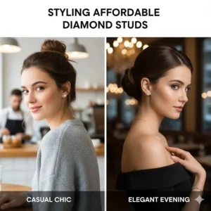 Illustration showing a model wearing diamond studs for both casual and formal occasions.