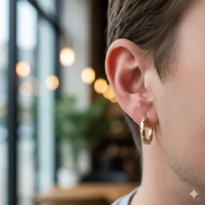 Macro view of a textured or hammered gold hoop earring for men, adding an edgy, unique detail.