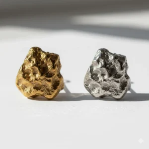 A flat lay of three different sizes or styles of men's gold nugget earrings to showcase variety.