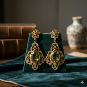 Antique-style yellow gold earrings featuring intricate filigree work and pear-shaped peridots.