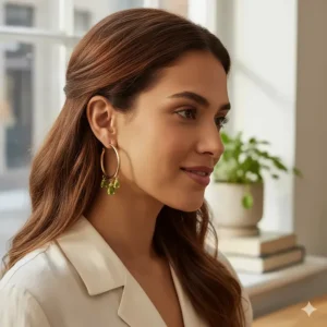 A woman wearing elegant gold hoop earrings featuring dangling olive green peridot gemstones.