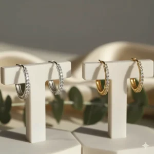 Comparison of white gold and yellow gold diamond huggie earrings side by side.