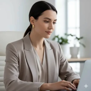 Professional woman wearing versatile 10 karat gold hoop earrings in a work setting.