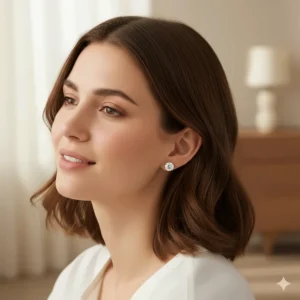 A woman wearing minimalist 14k gold diamond studs for a sophisticated everyday look.