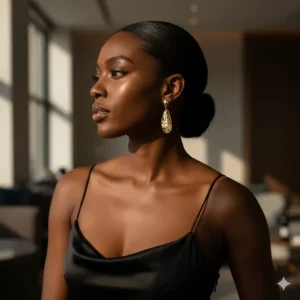 A woman wearing hammered gold drop earrings paired with a black cocktail dress.