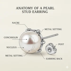 Labeled diagram showing the nacre, post, and setting of a high-quality pearl stud.