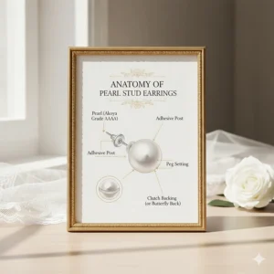 Technical diagram of a pearl stud showing the post, butterfly backing, and pearl mounting.