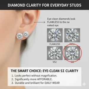 A guide showing why eye-clean SI clarity diamonds are a cost-effective choice for everyday studs.