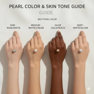 Illustration of white, cream, pink, and gold pearls against various skin tones to choose the best pearl stud earrings.