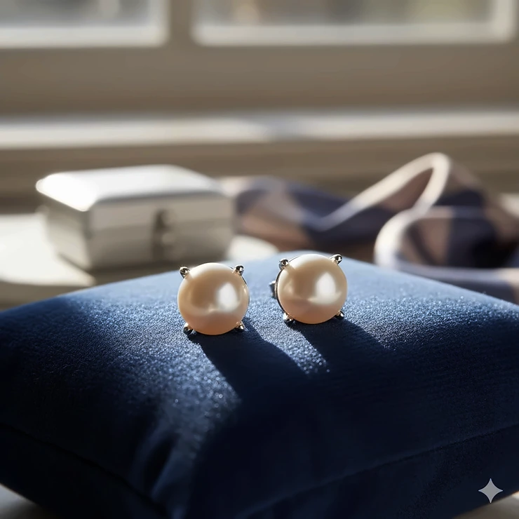 A pair of the best pearl stud earrings featuring high-luster Akoya pearls set in 14k white gold on a velvet display.