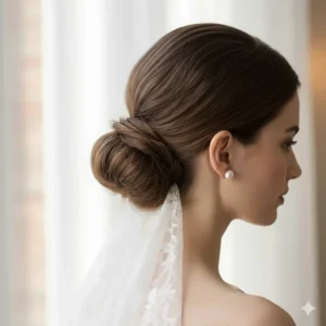 Illustration of freshwater pearl stud earrings styled with a bridal veil for wedding jewelry inspiration.