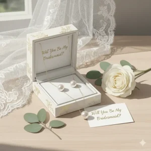 A flat lay illustration of pearl studs for wedding paired with a matching necklace and silk veil.
