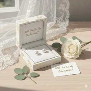 Illustration of a "Will You Be My Bridesmaid" gift box containing ivory pearl stud earrings.