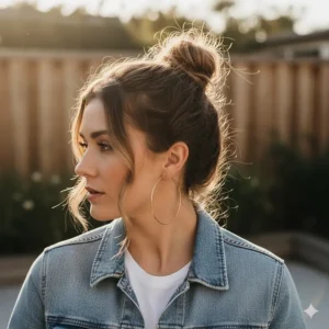 Lifestyle illustration of extra large hoop earrings paired with a denim jacket and messy bun.