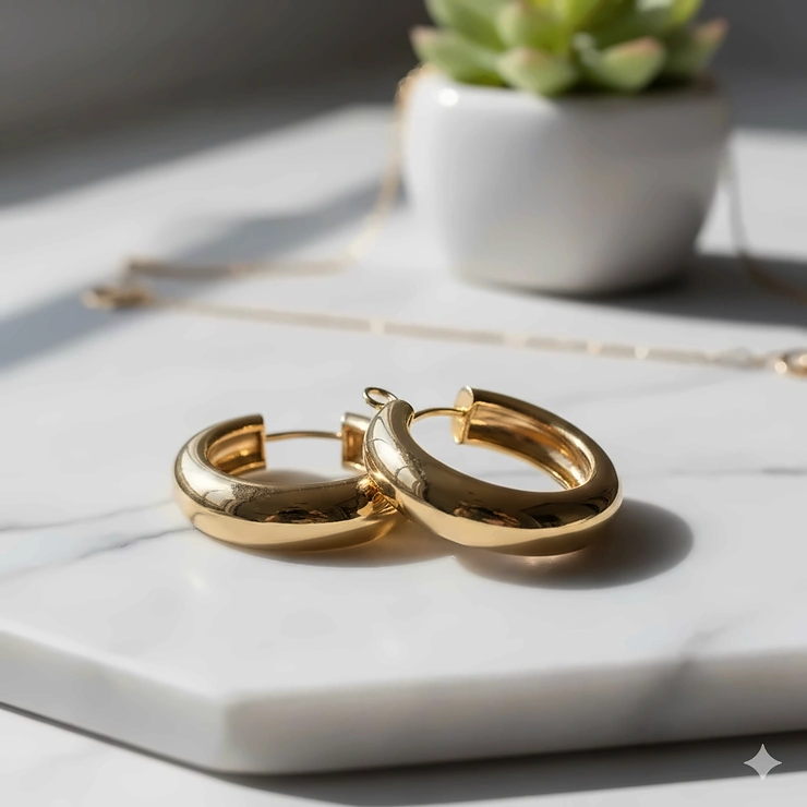A pair of thick, polished chunky gold hoop earrings displayed on a minimalist marble background.