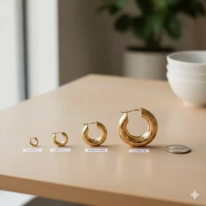 A size comparison chart showing small, medium, and large chunky gold hoop earrings next to a coin.