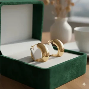 Chunky gold hoop earrings presented in a luxury velvet jewelry gift box.