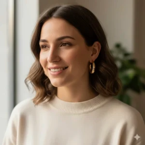 Close-up of a woman wearing medium-sized chunky gold hoop earrings with an everyday outfit.