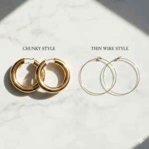 Side-by-side view of thick chunky large gold hoop earrings and delicate thin wire hoops.