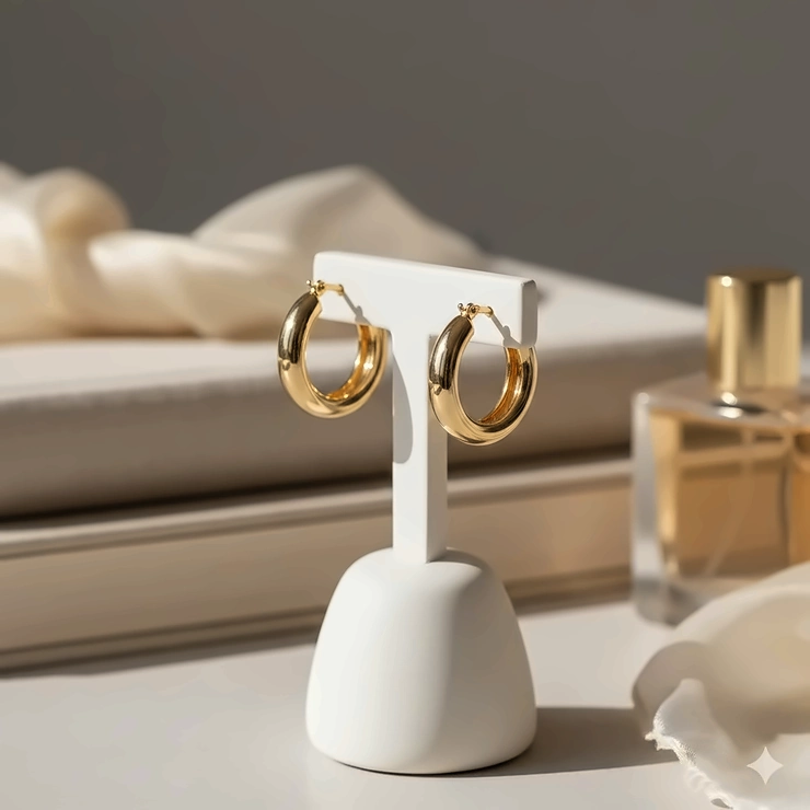 A pair of polished medium gold hoop earrings displayed on a minimalist jewelry stand.