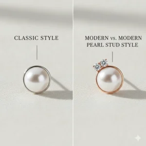 Illustration of a classic single pearl stud versus a modern pearl stud with a small diamond accent.
