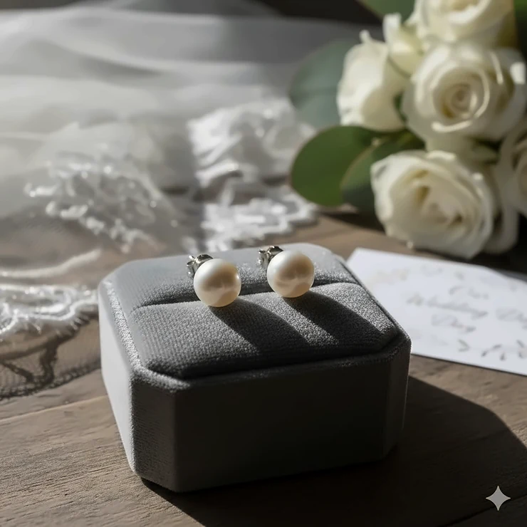 A pair of classic round white AAA-grade pearl studs on a velvet cushion, perfect for a bridal jewelry set. pearl studs for wedding