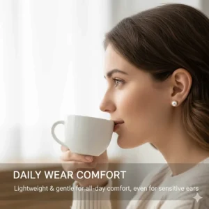 Close-up of a woman wearing lightweight pearl earrings comfortable for sensitive ears all day.