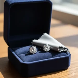 High-quality cubic zirconia stud earrings presented in a premium jewelry gift box with a cleaning cloth.