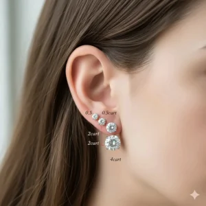 A size guide showing various carat weights of cubic zirconia stud earrings from 0.5 to 4 carats as seen on a human ear.