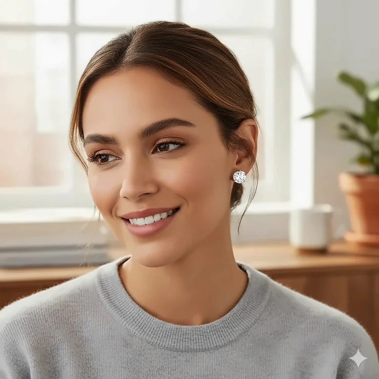 A woman wearing classic round-cut diamond studs as part of a polished everyday outfit. diamond studs for everyday wear
