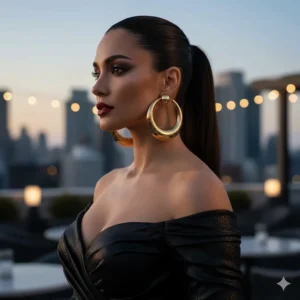 Glamorous evening look featuring oversized extra large hoop earrings and a sleek ponytail.