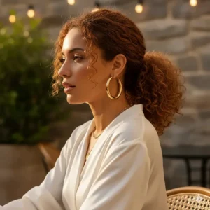 A close-up profile of a woman wearing polished extra large gold hoop earrings for a high-fashion look.