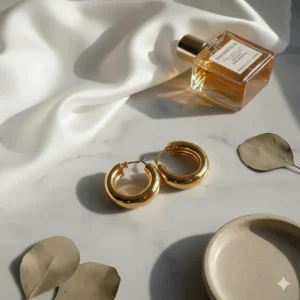 Flat lay photography of medium gold hoop earrings styled with a silk scarf and perfume.