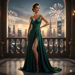 An elegant illustration of a woman in an evening gown wearing oversized large gold hoop earrings.
