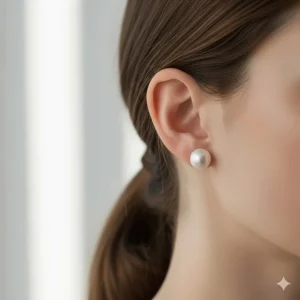 Close-up of 8mm round freshwater pearl stud earrings being worn to show scale and luster.