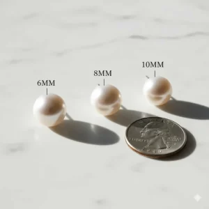 Illustration showing freshwater pearl stud earrings in sizes 6mm, 8mm, and 10mm compared to a coin.
