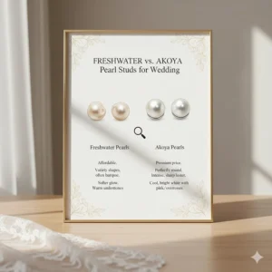 Side-by-side comparison of freshwater and Akoya pearl studs for wedding jewelry.