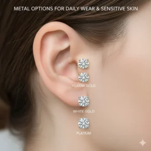 Comparison of yellow gold, white gold, and platinum diamond studs for sensitive skin.