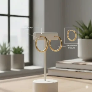 Diagram showing different clasp types for gold hoop earrings including saddleback and endless loops.