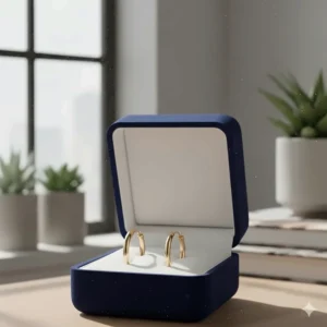 Illustration of gold hoop earrings inside a luxury velvet jewelry gift box.
