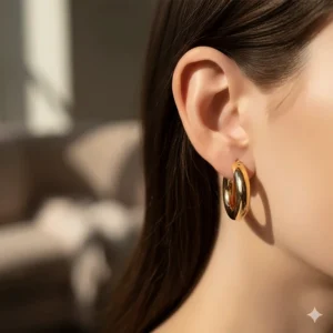 Side profile view of medium gold hoop earrings highlighting the tube thickness and curve.