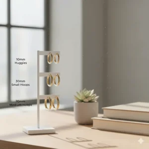 A size comparison chart for gold hoop earrings ranging from 10mm huggies to 70mm large hoops.