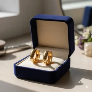 Elegant medium gold hoop earrings resting inside a velvet-lined jewelry gift box.