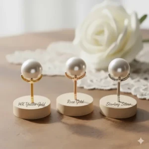 Illustration of pearl studs for wedding in 14k gold, rose gold, and sterling silver prong settings.