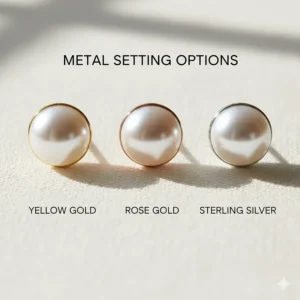 A comparison of pearl studs set in yellow gold, rose gold, and sterling silver.